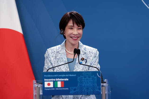 IPA85716776 - Rome, Italy June 15, 2026: Sanae Takaichi during the joint press conference following the meeting. At Villa Pamphilj, Prime Minister Giorgia Meloni meets with Japanese Prime Minister Sanae Takaichi. The meeting reaffirms the strength of bilateral relations and the shared commitment to strengthening cooperation and friendship between Italy and Japan in key areas of strategic interest.  Copyright: xmarcoxiacobuccix xmarcoxiacobuccix 85716776