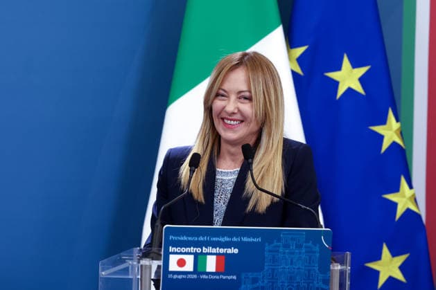 IPA85716834 - Rome, Italy June 15, 2026: Giorgia Meloni during the joint press conference following the meeting. At Villa Pamphilj, Prime Minister Giorgia Meloni meets with Japanese Prime Minister Sanae Takaichi. The meeting reaffirms the strength of bilateral relations and the shared commitment to strengthening cooperation and friendship between Italy and Japan in key areas of strategic interest.  Copyright: xmarcoxiacobuccix xmarcoxiacobuccix 85716834