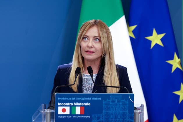 IPA85716783 - Rome, Italy June 15, 2026: Giorgia Meloni during the joint press conference following the meeting. At Villa Pamphilj, Prime Minister Giorgia Meloni meets with Japanese Prime Minister Sanae Takaichi. The meeting reaffirms the strength of bilateral relations and the shared commitment to strengthening cooperation and friendship between Italy and Japan in key areas of strategic interest.  Copyright: xmarcoxiacobuccix xmarcoxiacobuccix 85716783
