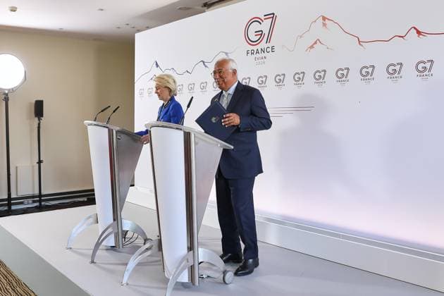 Évian-les-Bains, Frankreich, 15.06.2026: Hotel Ermitage: G7-Gipfel: Pressekonferenz mit EU-Kommissionspräsidentin Ursula von der Leyen und EU-Ratspräsident Antonio Costa *** Évian-les-Bains, France, June 15, 2026 Hotel Ermitage G7 Summit Press Conference with European Commission President Ursula von der Leyen and European Council President Antonio Costa,detected_source_language Copyright: xdtsxNachrichtenagenturx dts_123037