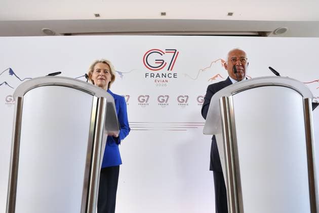 Évian-les-Bains, Frankreich, 15.06.2026: Hotel Ermitage: G7-Gipfel: Pressekonferenz mit EU-Kommissionspräsidentin Ursula von der Leyen und EU-Ratspräsident Antonio Costa *** Évian-les-Bains, France, June 15, 2026 Hotel Ermitage G7 Summit Press Conference with European Commission President Ursula von der Leyen and European Council President Antonio Costa,detected_source_language Copyright: xdtsxNachrichtenagenturx dts_123039