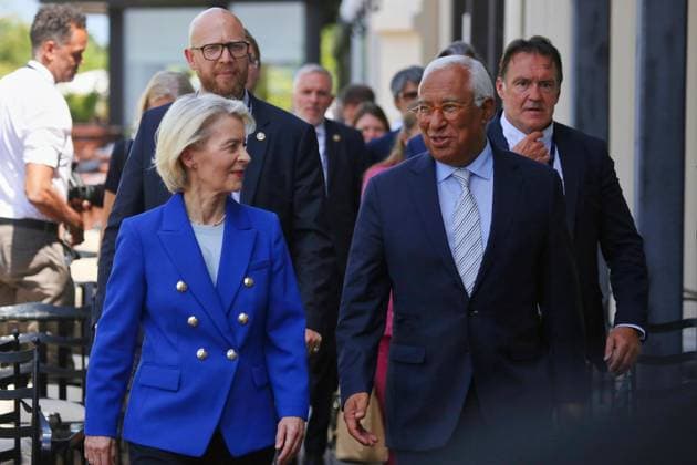 Évian-les-Bains, Frankreich, 15.06.2026: Hotel Ermitage: G7-Gipfel: Pressekonferenz mit EU-Kommissionspräsidentin Ursula von der Leyen und EU-Ratspräsident Antonio Costa *** Évian-les-Bains, France, June 15, 2026 Hotel Ermitage G7 Summit Press Conference with European Commission President Ursula von der Leyen and European Council President Antonio Costa,detected_source_language Copyright: xdtsxNachrichtenagenturx dts_123041