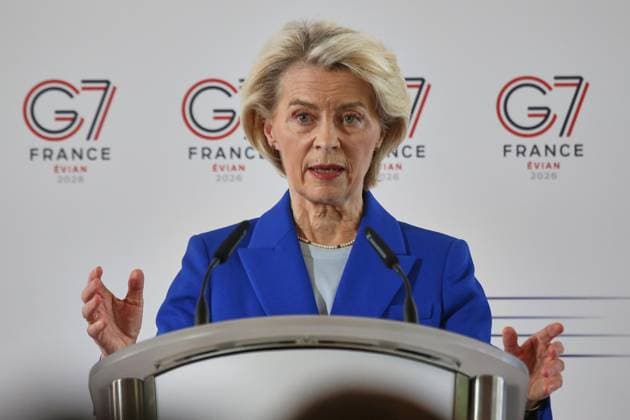 Évian-les-Bains, Frankreich, 15.06.2026: Hotel Ermitage: G7-Gipfel: Pressekonferenz mit EU-Kommissionspräsidentin Ursula von der Leyen *** Évian-les-Bains, France, June 15, 2026 Hotel Ermitage G7 Summit Press Conference with European Commission President Ursula von der Leyen,detected_source_language Copyright: xdtsxNachrichtenagenturx dts_123044