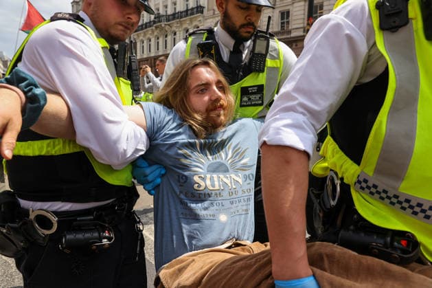 June 15, 2026, London, London, UK: London, UK. Police officers detain a man during a demonstration outside the Royal Courts of Justice in London as the Court of Appeal hands down judgment in favour of the Home Office s challenge to an earlier High Court ruling that found the government s ban on Palestine Action unlawful. The ban, which came into force on 5 July 2025, made membership of or support for the group a criminal offence under terrorism legislation. London UK  - ZUMAl94_ 20260615_zaf_l94_068 Copyright: xDinendraxHariax