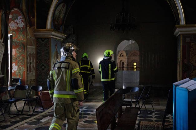 Massive Russian Attack Damages Kyiv Pechersk Lavra and Mystetskyi Arsenal - Kyiv Rescuers examine the interior of the Dormition Cathedral at the Kyiv Pechersk Lavra, where the roof caught fire during a massive Russian combined attack, Kyiv, Ukraine, June 15, 2026. The Russian army launched a large-scale assault on the Ukrainian capital with missiles and strike drones, killing four people and injuring 28, including children and a pregnant woman. At least 140,000 consumers were left without electricity due to damage to power grids. Residential buildings, the Kyiv Pechersk Lavra, the Mystetskyi Arsenal Museum Complex, the Dovzhenko Film Studio, and the building of the High Anti-Corruption Court sustained damage. (Photo by Marianna Kotyk Ukrinf  Copyright: xUkrinform ABACAx