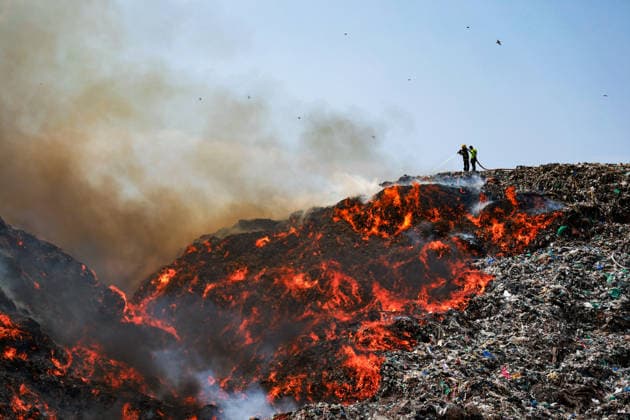 A fire broke out at the Perungudi waste dump yard in Chennai Chennai, Jun 15 (ANI): Firefighters try to extinguish burning garbage after a fire broke out at the Perungudi waste dump yard, in Chennai on Monday. Chennai Tamil Nadu India Copyright: xANIx ANI_20260615296