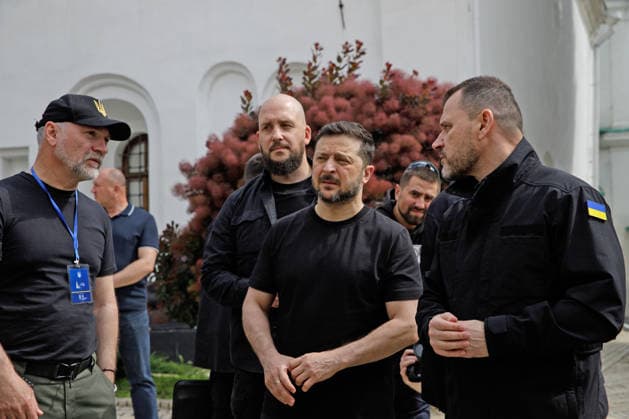 Director General of the Kyiv Pechersk Lavra National Preserve Maksym Ostapenko, President of Ukraine Volodymyr Zelenskyy and Minister of Internal Affairs of Ukraine Ihor Klymenko (L to R) visit the Kyiv Pechersk Lavra, where the roof of the Dormition Cathedral caught fire during a massive Russian combined attack, Kyiv, Ukraine, June 15, 2026. The Russian army launched a large-scale assault on the Ukrainian capital with missiles and strike drones, killing four people and injuring 28, including children and a pregnant woman. At least 140,000 consumers were left without electricity due to damage to power grids. Residential buildings, the Kyiv Pechersk Lavra, the Mystetskyi Arsenal Museum Complex, the Dovzhenko Film Studio, and the building of  Copyright: xMariannaxKotykx