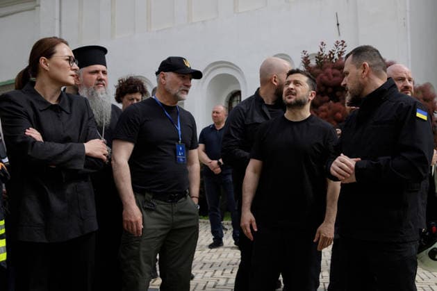 Prime Minister of Ukraine Yuliia Svyrydenko, Metropolitan of Kyiv and All Ukraine, Primate of the Orthodox Church of Ukraine Epiphanius, Director General of the Kyiv Pechersk Lavra National Preserve Maksym Ostapenko, President of Ukraine Volodymyr Zelenskyy and Minister of Internal Affairs of Ukraine Ihor Klymenko (L to R) visit the Kyiv Pechersk Lavra, where the roof of the Dormition Cathedral caught fire during a massive Russian combined attack, Kyiv, Ukraine, June 15, 2026. The Russian army launched a large-scale assault on the Ukrainian capital with missiles and strike drones, killing four people and injuring 28, including children and a pregnant woman. At least 140,000 consumers were left without electricity due to damage to power grid  Copyright: xMariannaxKotykx