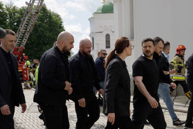 President of Ukraine Volodymyr Zelenskyy and Prime Minister of Ukraine Yuliia Svyrydenko (R to L) visit the Kyiv Pechersk Lavra, where the roof of the Dormition Cathedral caught fire during a massive Russian combined attack, Kyiv, Ukraine, June 15, 2026. The Russian army launched a large-scale assault on the Ukrainian capital with missiles and strike drones, killing four people and injuring 28, including children and a pregnant woman. At least 140,000 consumers were left without electricity due to damage to power grids. Residential buildings, the Kyiv Pechersk Lavra, the Mystetskyi Arsenal Museum Complex, the Dovzhenko Film Studio, and the building of the High Anti-Corruption Court sustained damage. (Photo by Marianna Kotyk Ukrinform) Ukrai  Copyright: xMariannaxKotykx