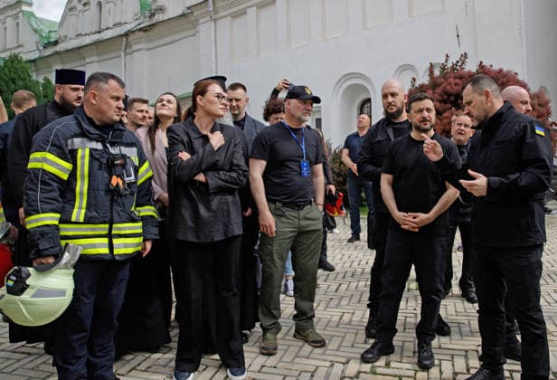 Ukrainian Leaders Visit Kyiv Pechersk Lavra After Russian Attack - Kyiv Head of the State Emergency Service of Ukraine Andrii Danyk, Prime Minister of Ukraine Yuliia Svyrydenko, Director General of the Kyiv Pechersk Lavra National Preserve Maksym Ostapenko, President of Ukraine Volodymyr Zelenskyy and Minister of Internal Affairs of Ukraine Ihor Klymenko (L to R) visit to the Kyiv Pechersk Lavra, where the roof of the Dormition Cathedral caught fire during a massive Russian combined attack, Kyiv, Ukraine, June 15, 2026. The Russian army launched a large-scale assault on the Ukrainian capital with missiles and strike drones, killing four people and injuring 28, including children and a pregnant woman. At least 140,000 consumers were left wit  Copyright: xUkrinform ABACAx