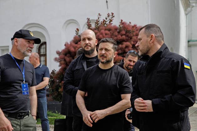 Ukrainian Leaders Visit Kyiv Pechersk Lavra After Russian Attack - Kyiv Director General of the Kyiv Pechersk Lavra National Preserve Maksym Ostapenko, President of Ukraine Volodymyr Zelenskyy and Minister of Internal Affairs of Ukraine Ihor Klymenko (L to R) visit the Kyiv Pechersk Lavra, where the roof of the Dormition Cathedral caught fire during a massive Russian combined attack, Kyiv, Ukraine, June 15, 2026. The Russian army launched a large-scale assault on the Ukrainian capital with missiles and strike drones, killing four people and injuring 28, including children and a pregnant woman. At least 140,000 consumers were left without electricity due to damage to power grids. Residential buildings, the Kyiv Pechersk Lavra, the Mystetskyi  Copyright: xUkrinform ABACAx