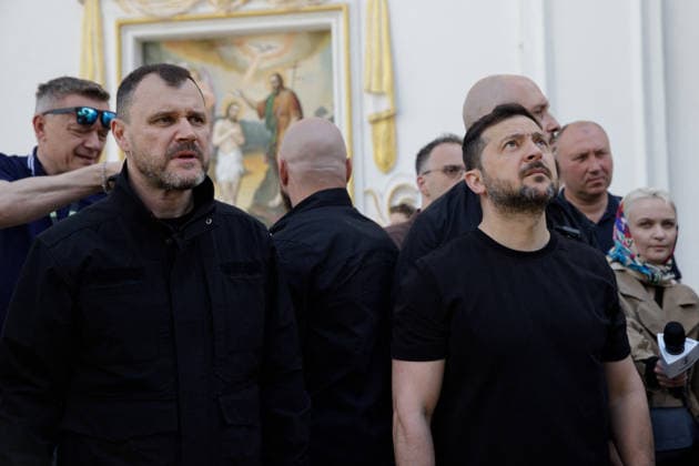 Ukrainian Leaders Visit Kyiv Pechersk Lavra After Russian Attack - Kyiv President of Ukraine Volodymyr Zelenskyy (R) and Minister of Internal Affairs of Ukraine Ihor Klymenko visit the Kyiv Pechersk Lavra, where the roof of the Dormition Cathedral caught fire during a massive Russian combined attack, Kyiv, Ukraine, June 15, 2026. The Russian army launched a large-scale assault on the Ukrainian capital with missiles and strike drones, killing four people and injuring 28, including children and a pregnant woman. At least 140,000 consumers were left without electricity due to damage to power grids. Residential buildings, the Kyiv Pechersk Lavra, the Mystetskyi Arsenal Museum Complex, the Dovzhenko Film Studio, and the building of the High Anti  Copyright: xUkrinform ABACAx