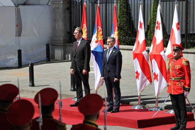 Serbian President Aleksandar Vucic in Tbilisi TBILISI, GEORGIA - JUNE 15: Serbian President Aleksandar Vucic is welcomed by Georgian President Mikheil Kavelashvili with an official welcoming ceremony in front of the Presidential Palace in Tbilisi, Georgia on June 15, 2026. Vucic arrived in the country for a series of official meetings and talks. Davit Kachkachishvili Anadolu Tbilisi Georgia. Editorial use only. Please get in touch for any other usage.  Copyright: x2026xAnadoluxDavitxKachkachishvilix