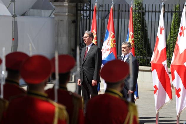Serbian President Aleksandar Vucic in Tbilisi TBILISI, GEORGIA - JUNE 15: Serbian President Aleksandar Vucic is welcomed by Georgian President Mikheil Kavelashvili with an official welcoming ceremony in front of the Presidential Palace in Tbilisi, Georgia on June 15, 2026. Vucic arrived in the country for a series of official meetings and talks. Davit Kachkachishvili Anadolu Tbilisi Georgia. Editorial use only. Please get in touch for any other usage.  Copyright: x2026xAnadoluxDavitxKachkachishvilix