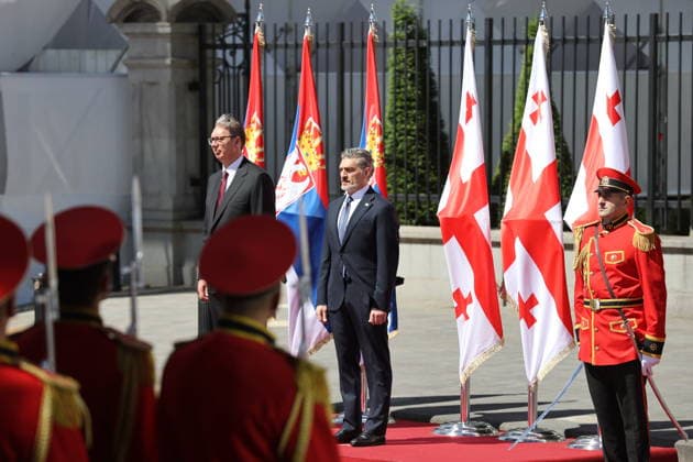 Serbian President Aleksandar Vucic in Tbilisi TBILISI, GEORGIA - JUNE 15: Serbian President Aleksandar Vucic is welcomed by Georgian President Mikheil Kavelashvili with an official welcoming ceremony in front of the Presidential Palace in Tbilisi, Georgia on June 15, 2026. Vucic arrived in the country for a series of official meetings and talks. Davit Kachkachishvili Anadolu Tbilisi Georgia. Editorial use only. Please get in touch for any other usage.  Copyright: x2026xAnadoluxDavitxKachkachishvilix