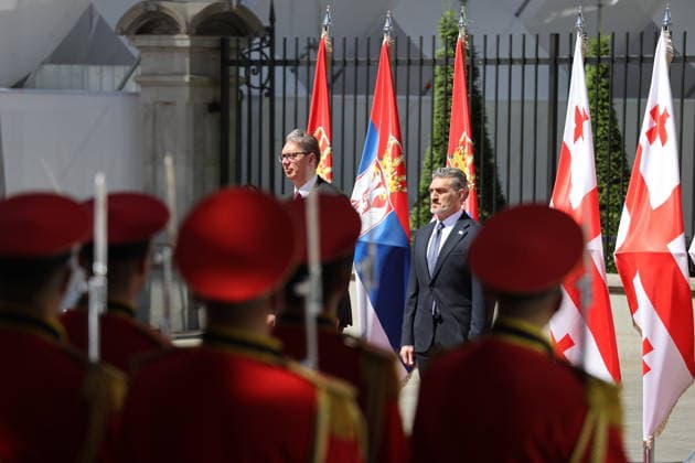 Serbian President Aleksandar Vucic in Tbilisi TBILISI, GEORGIA - JUNE 15: Serbian President Aleksandar Vucic is welcomed by Georgian President Mikheil Kavelashvili with an official welcoming ceremony in front of the Presidential Palace in Tbilisi, Georgia on June 15, 2026. Vucic arrived in the country for a series of official meetings and talks. Davit Kachkachishvili Anadolu Tbilisi Georgia. Editorial use only. Please get in touch for any other usage.  Copyright: x2026xAnadoluxDavitxKachkachishvilix
