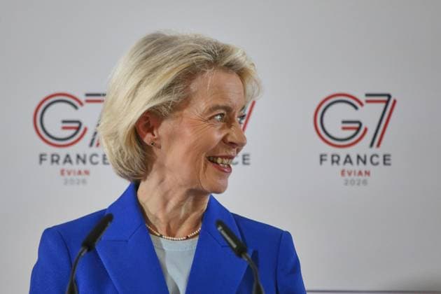 Évian-les-Bains, Frankreich, 15.06.2026: Hotel Ermitage: G7-Gipfel: Pressekonferenz mit EU-Kommissionspräsidentin Ursula von der Leyen *** Évian-les-Bains, France, June 15, 2026 Hotel Ermitage G7 Summit Press Conference with European Commission President Ursula von der Leyen,detected_source_language Copyright: xdtsxNachrichtenagenturx dts_123050