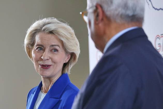 Évian-les-Bains, Frankreich, 15.06.2026: Hotel Ermitage: G7-Gipfel: Pressekonferenz mit EU-Kommissionspräsidentin Ursula von der Leyen und EU-Ratspräsident Antonio Costa *** Évian-les-Bains, France, June 15, 2026 Hotel Ermitage G7 Summit Press Conference with European Commission President Ursula von der Leyen and European Council President Antonio Costa,detected_source_language Copyright: xdtsxNachrichtenagenturx dts_123052