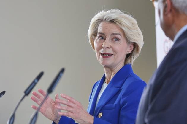 Évian-les-Bains, Frankreich, 15.06.2026: Hotel Ermitage: G7-Gipfel: Pressekonferenz mit EU-Kommissionspräsidentin Ursula von der Leyen und EU-Ratspräsident Antonio Costa *** Évian-les-Bains, France, June 15, 2026 Hotel Ermitage G7 Summit Press Conference with European Commission President Ursula von der Leyen and European Council President Antonio Costa,detected_source_language Copyright: xdtsxNachrichtenagenturx dts_123078
