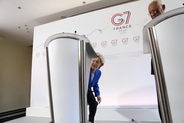 Évian-les-Bains, Frankreich, 15.06.2026: Hotel Ermitage: G7-Gipfel: Pressekonferenz mit EU-Kommissionspräsidentin Ursula von der Leyen und EU-Ratspräsident Antonio Costa *** Évian-les-Bains, France, June 15, 2026 Hotel Ermitage G7 Summit Press Conference with European Commission President Ursula von der Leyen and European Council President Antonio Costa,detected_source_language Copyright: xdtsxNachrichtenagenturx dts_123079