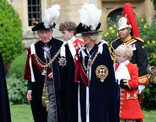 The King and Queen Camilla arrive outside St George™s chapel in Windsor Castle for the start of the order of the garter ceremony. The Order of the Garter is the oldest and most senior Order of Chivalry in Britain, established by King Edward III nearly 700 years ago. The Order includes The King, who is Sovereign of the Garter, The Queen, several Members of the Royal Family, and up to 24 companions chosen in recognition of their work. Companions of the Garter are chosen personally by the Sovereign to honour those who have held public office, who have contributed in a particular way to national life or who have served the Sovereign personally. Photograph by Richard Pohle, Credit:Richard Pohle PA ROTA - B68 Avalon  Copyright: xRichardxPohlex xPAxROTAx-xB68x xAvalonx 1110378830