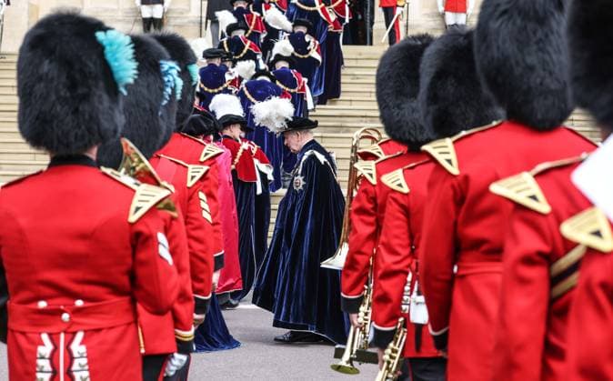 The King arrives outside St George™s chapel in Windsor Castle for the start of the order of the garter ceremony. The Order of the Garter is the oldest and most senior Order of Chivalry in Britain, established by King Edward III nearly 700 years ago. The Order includes The King, who is Sovereign of the Garter, The Queen, several Members of the Royal Family, and up to 24 companions chosen in recognition of their work. Companions of the Garter are chosen personally by the Sovereign to honour those who have held public office, who have contributed in a particular way to national life or who have served the Sovereign personally. Photograph by Richard Pohle, Credit:Richard Pohle PA ROTA - B68 Avalon  Copyright: xRichardxPohlex xPAxROTAx-xB68x xAvalonx 1110378859