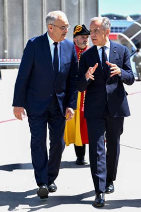 Canadian Prime Minister Mark Carney arrives in Geneva, Switzerland, on Monday, June 15, 2026, to attend the G7 Summit in Evian, France. Upon his arrival at Geneva airport, he was welcomed by the President of the Swiss Confederation, Guy Parmelin.  WAX2026061501 SWITZERLANDxFDFA