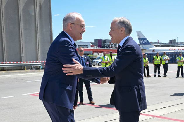 Canadian Prime Minister Mark Carney arrives in Geneva, Switzerland, on Monday, June 15, 2026, to attend the G7 Summit in Evian, France. Upon his arrival at Geneva airport, he was welcomed by the President of the Swiss Confederation, Guy Parmelin.  WAX2026061509 SWITZERLANDxFDFA