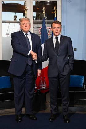 President Trump And President Macron At G7 Summit Bilateral Meeting - France U.S. President Donald Trump and French President Emmanuel Macron pictured at a bilateral meeting on the G7 summit at the Hotel Royal, in Evian-les-Bains, France on June 15, 2026. A G7 summit is set to take place June 15 to 17 in the French town of Evian-les-Bains near Switzerland and it will be attended by country leaders as well as the EU s foreign policy chief and ministers from Brazil, Canada, the United Arab Emirates and Turkey. Photo by Ammar Abd Rabbo ABACAPRESS.COM Evian-les-Bains France  Copyright: xAbdxRabboxAmmar ABACAx