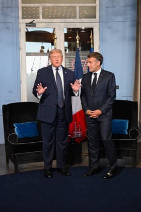 President Trump And President Macron At G7 Summit Bilateral Meeting - France U.S. President Donald Trump and French President Emmanuel Macron pictured at a bilateral meeting on the G7 summit at the Hotel Royal, in Evian-les-Bains, France on June 15, 2026. A G7 summit is set to take place June 15 to 17 in the French town of Evian-les-Bains near Switzerland and it will be attended by country leaders as well as the EU s foreign policy chief and ministers from Brazil, Canada, the United Arab Emirates and Turkey. Photo by Ammar Abd Rabbo ABACAPRESS.COM Evian-les-Bains France  Copyright: xAbdxRabboxAmmar ABACAx