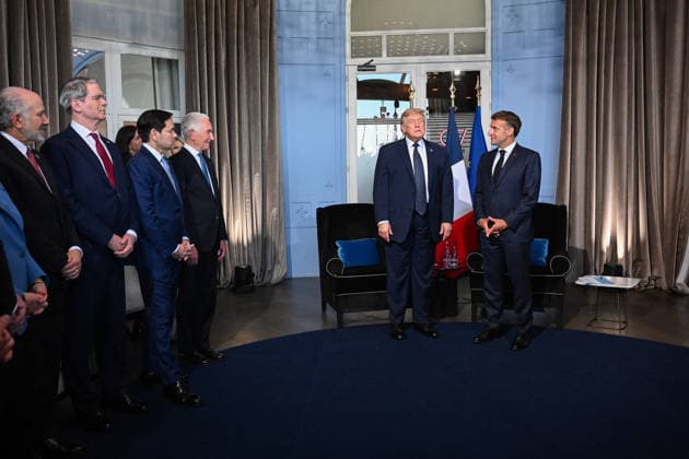 President Trump And President Macron At G7 Summit Bilateral Meeting - France U.S. President Donald Trump and French President Emmanuel Macron pictured at a bilateral meeting on the G7 summit at the Hotel Royal, in Evian-les-Bains, France on June 15, 2026. A G7 summit is set to take place June 15 to 17 in the French town of Evian-les-Bains near Switzerland and it will be attended by country leaders as well as the EU s foreign policy chief and ministers from Brazil, Canada, the United Arab Emirates and Turkey. Photo by Ammar Abd Rabbo ABACAPRESS.COM Evian-les-Bains France  Copyright: xAbdxRabboxAmmar ABACAx