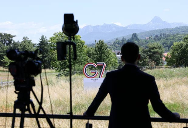 (260615) -- EVIAN, June 15, 2026 -- The logo of G7 summit is seen in the G7 summit International Media Centre in Publier, France, June 15, 2026. The Group of Seven (G7) summit kicked off on Monday in Evian, a town in eastern France, against the backdrop of massive demonstration. ) FRANCE-EVIAN-G7 SUMMIT-KICK OFF WuxHuiwo 