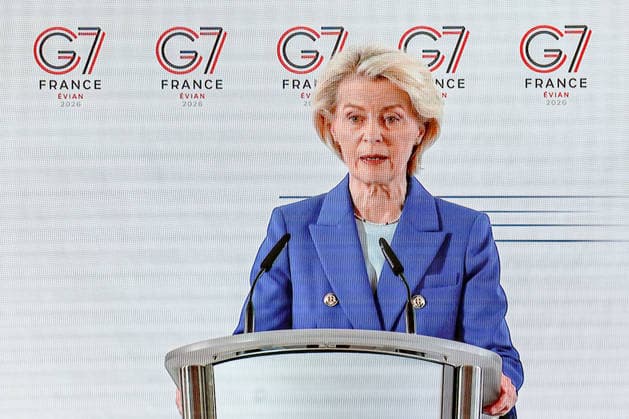 June 15, 2026, Geneva, Switzerland, European Union: URSULA VON DER LEYEN, President of the European Commission, speaks during the opening day of the G7 summit in Evian-les-Bains. Her remarks were broadcast inside the IMC. Geneva European Union - ZUMAo116 20260615_znp_o116_029 Copyright: xBiancaxOterox