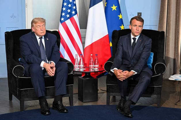 U.S. President Donald Trump and French President Emmanuel Macron pictured at a bilateral meeting during the G7 summit at the Hotel Royal in Évian-les-Bains, France on June 15, 2026. A G7 summit is scheduled to take place June 15–17 in the French town of Évian-les-Bains near Switzerland, and it will be attended by national leaders as well as the EU’s foreign policy chief and ministers from Brazil, Canada, the United Arab Emirates, and Turkey. Ammar Abd Rabbo Pool Bestimage Évian-les-Bains, France,detected_source_language  Copyright: xAmmarxAbdxRabbo Pool BestimagexAmmarxAbdxRabbo Pool Bestimagex