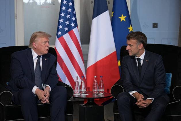U.S. President Donald Trump and French President Emmanuel Macron pictured at a bilateral meeting during the G7 summit at the Hotel Royal in Évian-les-Bains, France on June 15, 2026. A G7 summit is scheduled to take place June 15–17 in the French town of Évian-les-Bains near Switzerland, and it will be attended by national leaders as well as the EU’s foreign policy chief and ministers from Brazil, Canada, the United Arab Emirates, and Turkey. Ammar Abd Rabbo Pool Bestimage Évian-les-Bains, France,detected_source_language  Copyright: xAmmarxAbdxRabbo Pool BestimagexAmmarxAbdxRabbo Pool Bestimagex