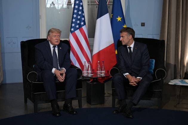 U.S. President Donald Trump and French President Emmanuel Macron pictured at a bilateral meeting during the G7 summit at the Hotel Royal in Évian-les-Bains, France on June 15, 2026. A G7 summit is scheduled to take place June 15–17 in the French town of Évian-les-Bains near Switzerland, and it will be attended by national leaders as well as the EU’s foreign policy chief and ministers from Brazil, Canada, the United Arab Emirates, and Turkey. Ammar Abd Rabbo Pool Bestimage Évian-les-Bains, France,detected_source_language  Copyright: xAmmarxAbdxRabbo Pool BestimagexAmmarxAbdxRabbo Pool Bestimagex