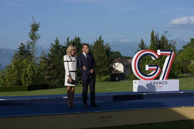RECORD DATE NOT STATED G7 Summit - Welcoming Ceremony By President Macron And Wife The official welcoming ceremony hosted by French President Emmanuel Macron and his wife First Lady of France, Brigitte Macron during G7 Summit at the Hotel Royal in Evian-les-Bains, France on June 15, 2026. A G7 summit is set to take place June 15 to 17 in the French town of Evian-les-Bains near Switzerland and it will be attended by country leaders as well as the EU s foreign policy chief and ministers from Brazil, Canada, the United Arab Emirates and Turkey. Photo by Ammar Abd Rabbo ABACAPRESS.COM Evian-les-Bains France  Copyright: xAbdxRabboxAmmar ABACAx