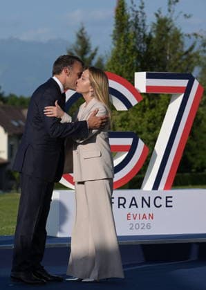 RECORD DATE NOT STATED G7 Summit - Welcoming Ceremony By President Macron And Wife The official welcoming ceremony hosted by French President Emmanuel Macron and his wife First Lady of France, Brigitte Macron during G7 Summit at the Hotel Royal in Evian-les-Bains, France on June 15, 2026. A G7 summit is set to take place June 15 to 17 in the French town of Evian-les-Bains near Switzerland and it will be attended by country leaders as well as the EU s foreign policy chief and ministers from Brazil, Canada, the United Arab Emirates and Turkey. Photo by Ammar Abd Rabbo ABACAPRESS.COM Evian-les-Bains France  Copyright: xAbdxRabboxAmmar ABACAx
