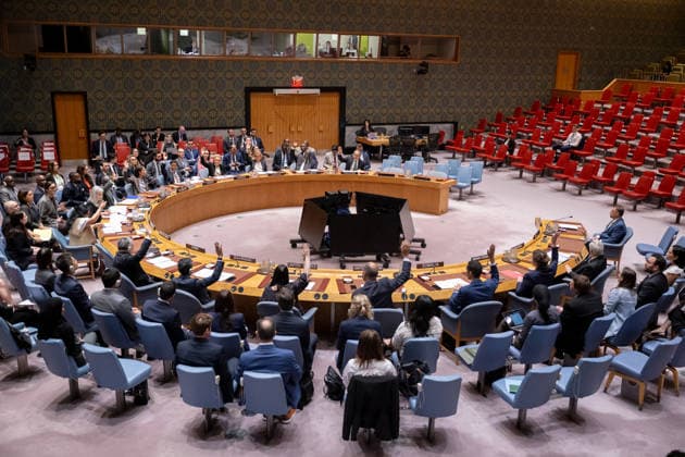 (260615) -- UNITED NATIONS, June 15, 2026 -- Representatives vote on a draft resolution during a Security Council meeting at the UN headquarters in New York, on June 15, 2026. The Security Council on Monday unanimously adopted a resolution to renew the mandate of the UN Assistance Mission in Afghanistan (UNAMA) for one year, until June 17, 2027. (Manuel Elias UN Photo Handout via Xinhua) UN-SECURITY COUNCIL-MEETING-AFGHANISTAN LoeyxFelipe 