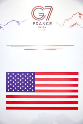 June 15, 2026, Geneva, Switzerland, European Union: A United States country marker is seen beneath G7 France Evian 2026 branding during the G7 summit in Evian-les-Bains. Geneva European Union - ZUMAo116 20260615_znp_o116_037 Copyright: xBiancaxOterox