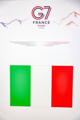 June 15, 2026, Geneva, Switzerland, European Union: A Italy country marker is seen beneath G7 France Evian 2026 branding during the G7 summit in Evian-les-Bains. Geneva European Union - ZUMAo116 20260615_znp_o116_040 Copyright: xBiancaxOterox