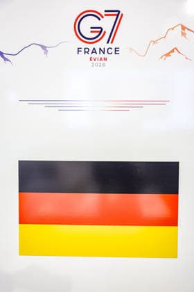 June 15, 2026, Evian-Les-Bains, France, European Union: A Germany country marker is seen beneath G7 France Evian 2026 branding during the G7 summit in Evian-les-Bains. Evian-Les-Bains European Union - ZUMAo116 20260615_znp_o116_041 Copyright: xBiancaxOterox