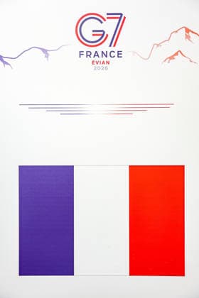 June 15, 2026, Evian-Les-Bains, France, European Union: A France country marker is seen beneath G7 France Evian 2026 branding during the G7 summit in Evian-les-Bains. Evian-Les-Bains European Union - ZUMAo116 20260615_znp_o116_044 Copyright: xBiancaxOterox