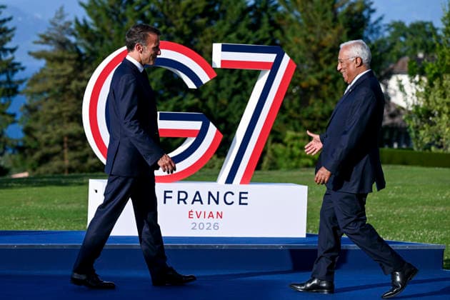 France s President Emmanuel Macron (L) greets European Council President Antonio Costa during the G7 summit, in Evian, eastern France, on Monday, June 15, 2026. The G7 Summit, scheduled from June 15 to 17 in Evian-les-Bains near the Swiss border, brings together heads of state along with the EU foreign policy chief and ministers from Brazil, Canada, the United Arab Emirates, and Turkey.  FRN2026061509 EuropeanxUnion