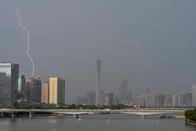GUANGZHOU, CHINA - JUNE 15: A lightning bolt strikes across the sky on June 15, 2026 in Guangzhou, Guangdong Province of China. Multiple districts in Guangzhou on June 15 issued orange alert for rainstorms due to continuous influence of strong thunderstorm clouds.  Copyright: xChinaxNewsxServicex 111648333145