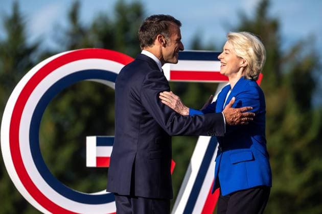 Évian-les-Bains, Frankreich, 15.06.2026: Hotel Royal: G7-Gipfel: Frankreichs Präsident Emmanuel Macron und EU-Kommissionspräsidentin Ursula von der Leyen (Foto: Michael Kappeler, Pool) *** Évian-les-Bains, France, June 15, 2026 Hotel Royal G7 Summit French President Emmanuel Macron and European Commission President Ursula von der Leyen Photo by Michael Kappeler, Pool,detected_source_language Copyright: xMichaelxKappeler,xPool dtsxNachrichtenagenturx dts_123214
