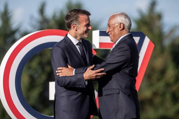 Évian-les-Bains, Frankreich, 15.06.2026: Hotel Royal: G7-Gipfel: Frankreichs Präsident Emmanuel Macron und EU-Ratspräsident Antonio Costa (Foto: Michael Kappeler, Pool) *** Évian-les-Bains, France, June 15, 2026 Hotel Royal G7 Summit French President Emmanuel Macron and EU Council President Antonio Costa Photo by Michael Kappeler, Pool,detected_source_language Copyright: xMichaelxKappeler,xPool dtsxNachrichtenagenturx dts_123217
