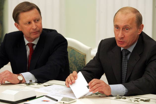 Vladimir Putin and Sergei Ivanov Vladimir Putin and Russian Defence Minister Sergei Ivanov while the meeting with NATO Secretary-General Jaap de Hoop Scheffer in Moscow. Copyright: xPhotoXPressx