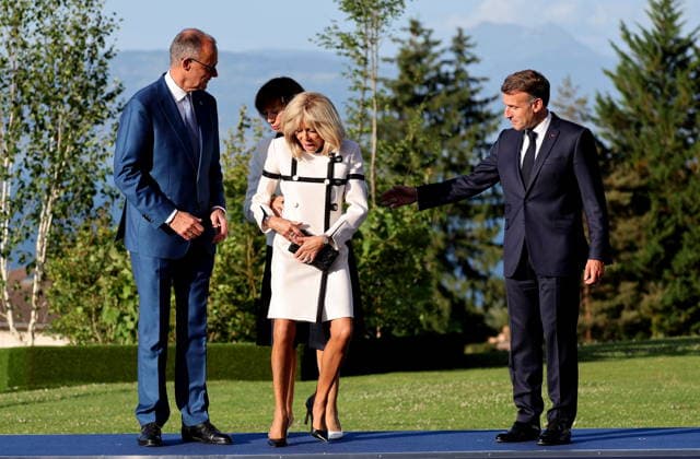 President Emmanuel Macron, his wife Brigitte Macron, German Chancellor Friedrich Merz, and his wife Charlotte Merz Arrival of thestate and government for a working dinner Responding together to major international challenges on the sidelines of the G7 summit in Évian-les-Bains on June 15, 2026, Évian, France,detected_source_language  Copyright: xDOMINIQUExJACOVIDESx xBESTIMAGExDOMINIQUExJACOVIDESx xBESTIMAGEx