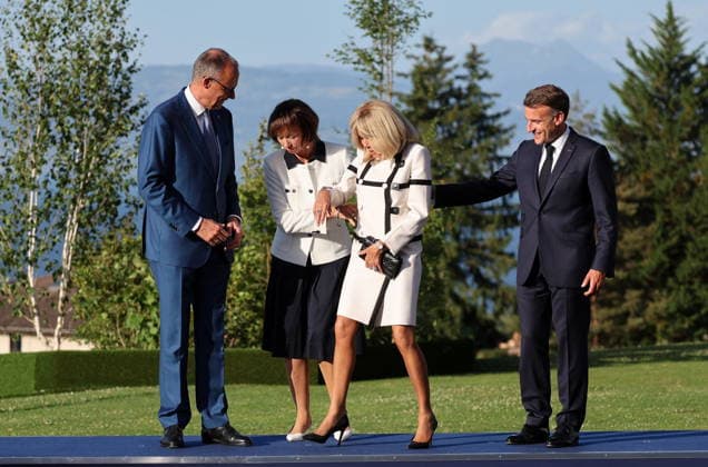 President Emmanuel Macron, his wife Brigitte Macron, German Chancellor Friedrich Merz, and his wife Charlotte Merz Arrival of thestate and government for a working dinner Responding together to major international challenges on the sidelines of the G7 summit in Évian-les-Bains on June 15, 2026, Évian, France,detected_source_language  Copyright: xDOMINIQUExJACOVIDESx xBESTIMAGExDOMINIQUExJACOVIDESx xBESTIMAGEx